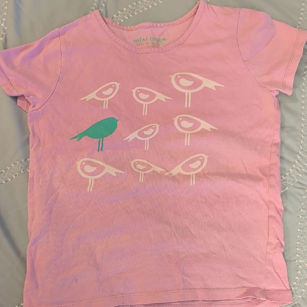 Mini Boden Pink Tee with Green Bird Design